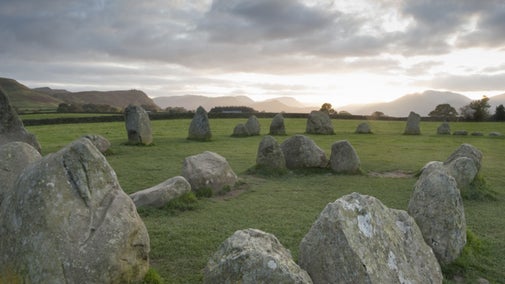 Close-up of several stones part of Castlerigg Stone Circle, a megalithic circle of 38 stones, Derwentwater, Lake District, Cumbria